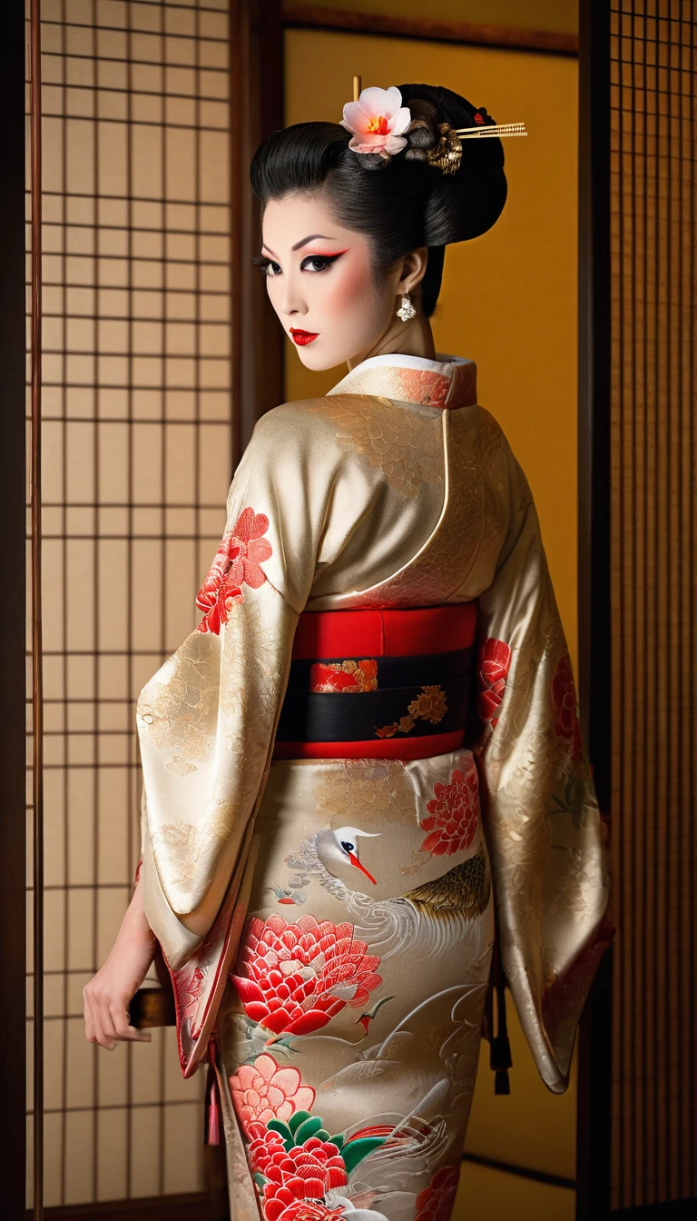 8k, RAW photo, best quality, masterpiece, realistic, photo-realistic, clear, professional lighting, beautiful face, best quality, ultra high res, "A highly detailed scene capturing a traditional Japanese oiran, standing in a serene, softly-lit room by a shoji screen. She is dressed in an elaborate, richly patterned kimono with vibrant floral and crane motifs. Her hairstyle is the classic oiran style, adorned with intricate kanzashi hairpins. She holds a small, delicate hand mirror with a floral design, her makeup is traditional, with pale skin, red lips, and a red and black eye makeup. The lighting is warm and creates a cinematic, dramatic effect with soft shadows. The background includes a hint of traditional Japanese decor with a view of a calm interior space."