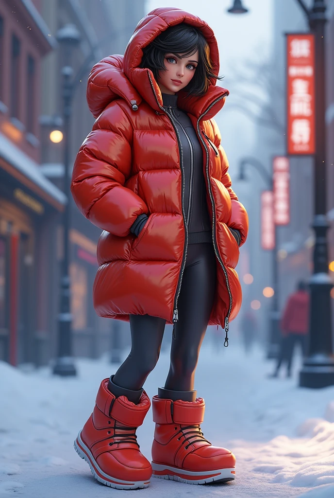 full picture, realist, Tracer from Overwatch zipped-shut inside her hooded glossy overfilled thick duvetica down vest covering her glossy longsleeved latex topwear, her shiny legging, her full-foot glossy hyper padded overfilled thick inflated puffer slipers, a masterpiece, high details, high quality, high resolution