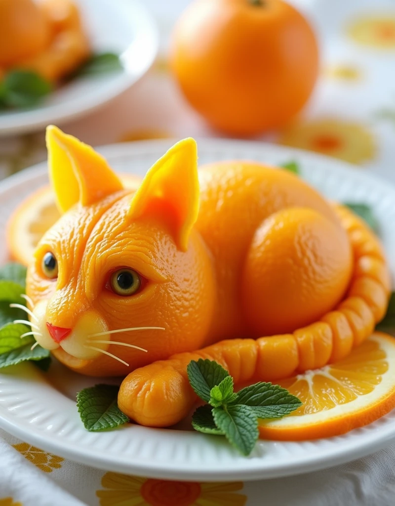 This is a high-resolution photograph featuring an elaborate food art creation that resembles a cat. The centerpiece is a peeled orange, meticulously carved to resemble a cat lying down with its tail curled around its body. The orange's natural texture and pattern are visible, creating a lifelike appearance with the cat's eyes, nose, and whiskers. The cat's body and tail are positioned to suggest it is resting comfortably. Surrounding the cat are two whole orange slices, one on either side, showcasing the vibrant orange color and the juicy, translucent flesh.

The plate on which the cat and orange slices rest is white with a subtle, decorative rim. Fresh green mint leaves are placed around the cat's head and tail, adding a pop of color and a fresh, natural element to the composition. In the background, there is a white cloth with a floral pattern in shades of yellow and orange, which complements the colors of the food. Additionally, there is a whole orange placed slightly off-center in the background, enha