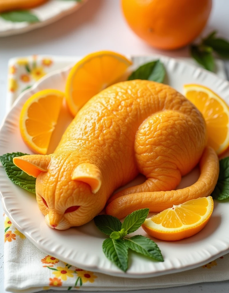 This is a high-resolution photograph featuring an elaborate food art creation that resembles a cat. The centerpiece is a peeled orange, meticulously carved to resemble a cat lying down with its tail curled around its body. The orange's natural texture and pattern are visible, creating a lifelike appearance with the cat's eyes, nose, and whiskers. The cat's body and tail are positioned to suggest it is resting comfortably. Surrounding the cat are two whole orange slices, one on either side, showcasing the vibrant orange color and the juicy, translucent flesh.
The plate on which the cat and orange slices rest is white with a subtle, decorative rim. Fresh green mint leaves are placed around the cat's head and tail, adding a pop of color and a fresh, natural element to the composition. In the background, there is a white cloth with a floral pattern in shades of yellow and orange, which complements the colors of the food. Additionally, there is a whole orange placed slightly off-center in the background, enha
