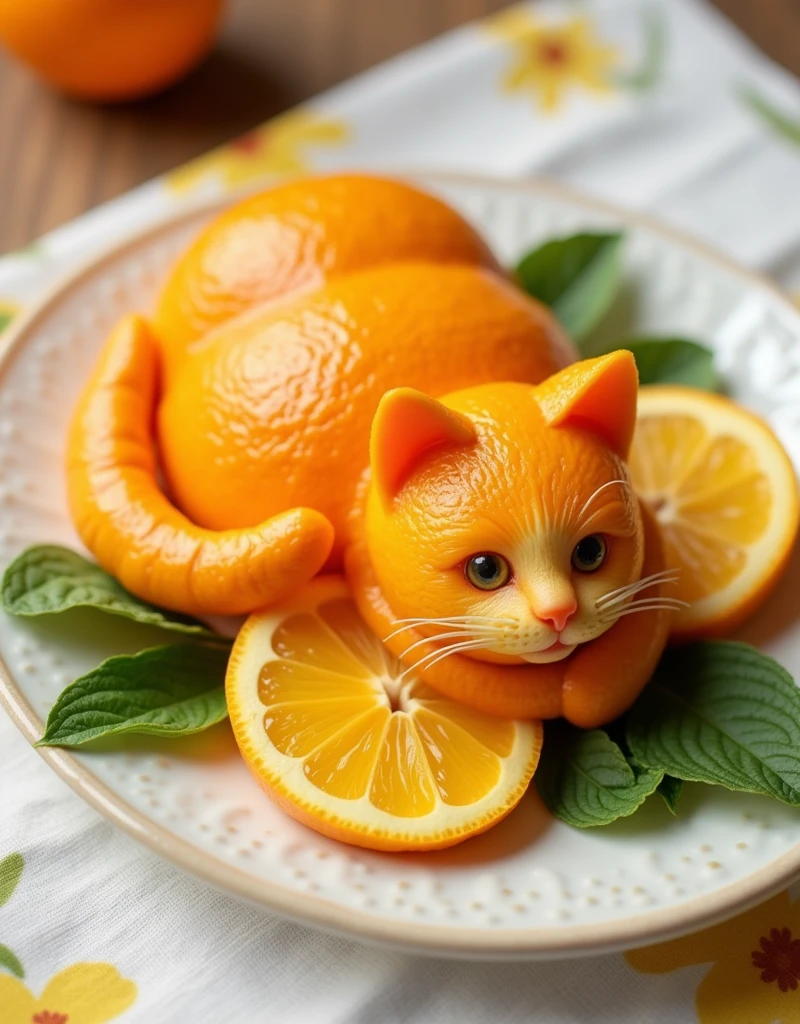 This is a high-resolution photograph featuring an elaborate food art creation that resembles a cat. The centerpiece is a peeled orange, meticulously carved to resemble a cat lying down with its tail curled around its body. The orange's natural texture and pattern are visible, creating a lifelike appearance with the cat's eyes, nose, and whiskers. The cat's body and tail are positioned to suggest it is resting comfortably. Surrounding the cat are two whole orange slices, one on either side, showcasing the vibrant orange color and the juicy, translucent flesh.

The plate on which the cat and orange slices rest is white with a subtle, decorative rim. Fresh green mint leaves are placed around the cat's head and tail, adding a pop of color and a fresh, natural element to the composition. In the background, there is a white cloth with a floral pattern in shades of yellow and orange, which complements the colors of the food. Additionally, there is a whole orange placed slightly off-center in the background, enha