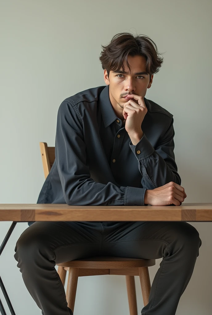 A young man sitting on a table chair looking straight hd realistic image 