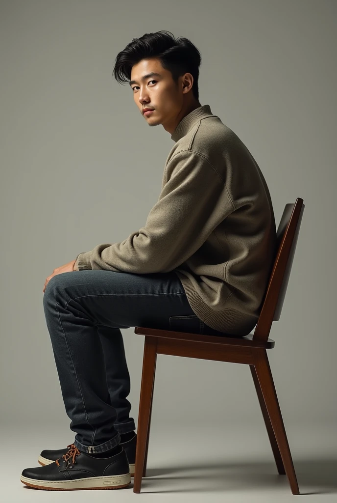A young man sitting on a table chair looking straight hd realistic image