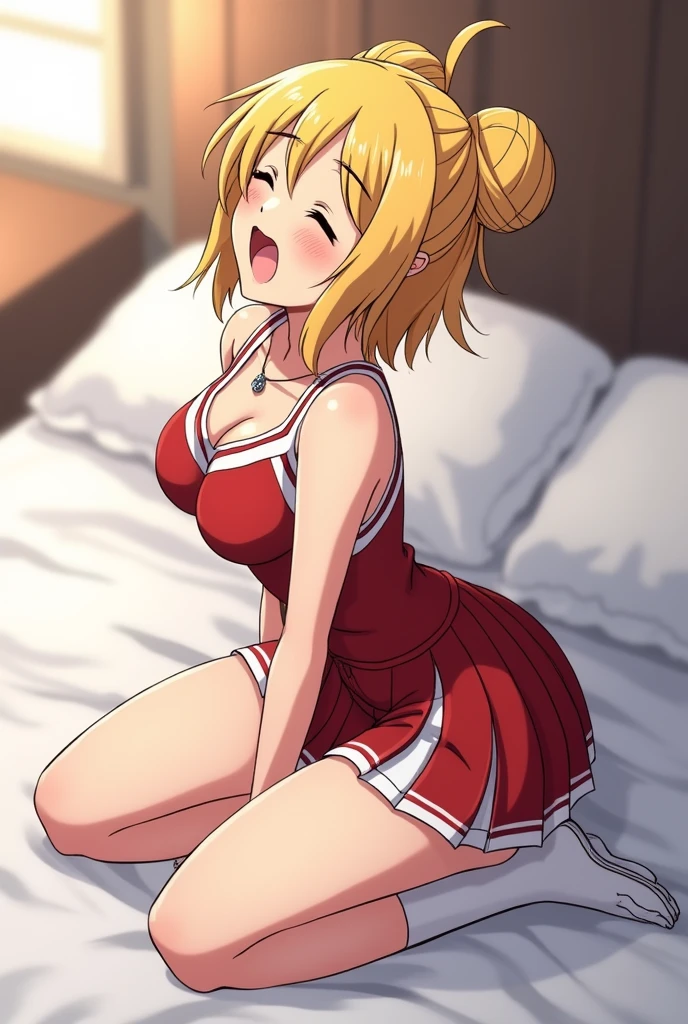 cheerleader , yawning with eyes closed , bun hair style , wearing necklace, on bed, kneeling with butts up, himiko toga, perfect breasts, sideboob, cleavage,
