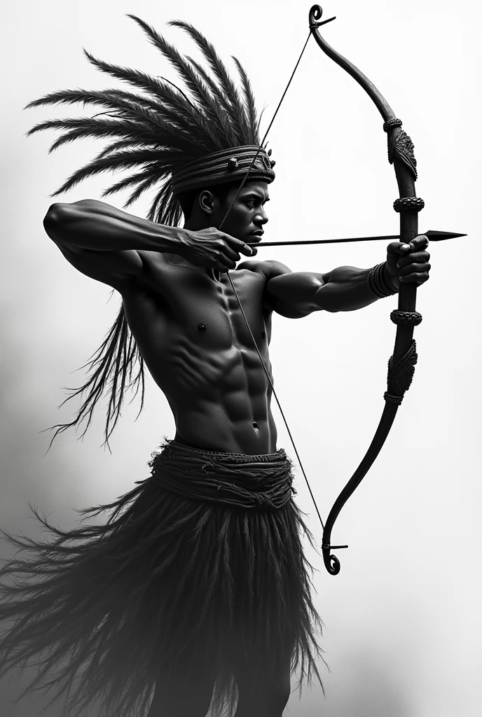 Orixá Oxossi in black and white shooting an arrow with a hat with some feathers