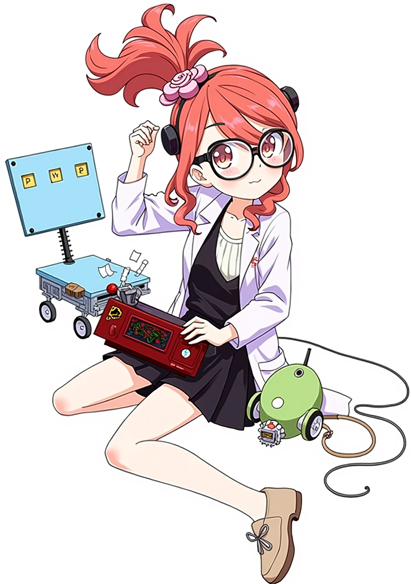 anime girl with red wavy hair and glasses, scientist girl, labcoat sitting on the ground fixing a machine toy, anime style, (short detailed:1.4), from girls frontline, fine details. girls frontline, girls frontline universe, girls frontline style, girls frontline, girls frontline cg, soft anime illustration, 2 0 2 2 anime style, 2022 anime style, pixiv contest winner, pretty anime character design, render of april