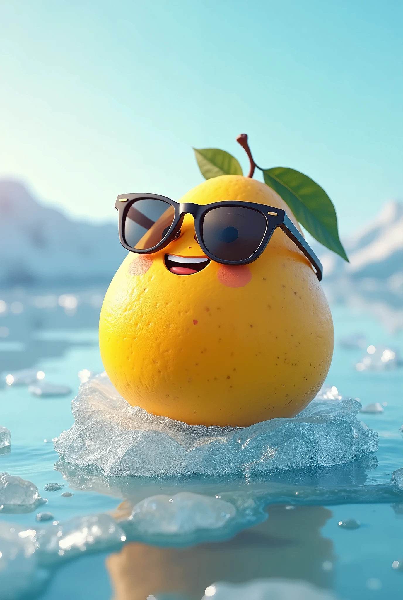 Create a Mango character with sunglasses, lay down on frozen ice, happy and smile.