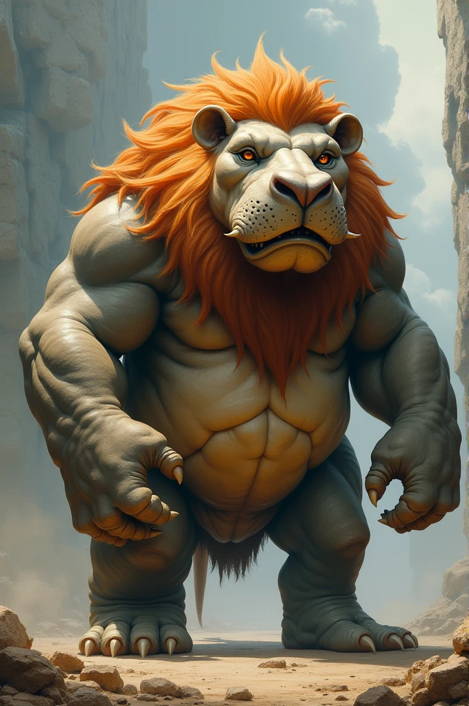 A lion-hippo crossbreed would be quite the imaginative creature! Combining the features of both, you might envision a robust, muscular body akin to a hippo's, with the majestic mane and powerful build of a lion. It could have a broad, stocky frame with short, sturdy legs and a large, rounded belly. Its skin might be a mix of the lion’s tawny color and the hippo’s grayish tones, possibly with a hint of the lion’s mane around its neck. The creature could possess a lion’s formidable jaws and sharp claws, but with the hippo's large, wide mouth and tusks.