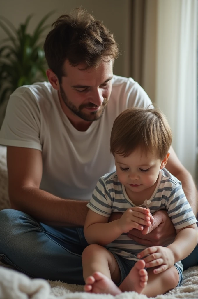 A baby crawling with his father in their living room, crying.