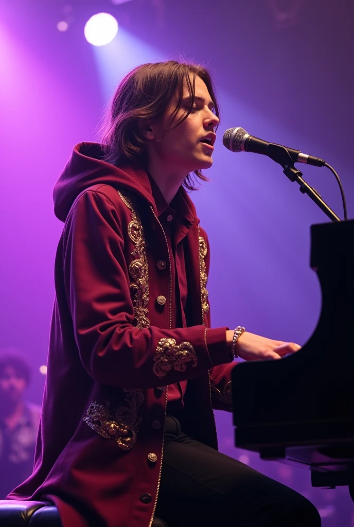 artwork best quality realistic image handsome american male ager long brown hair light skin with burgundy button down shirt and black pants with burgundy colored coat cape and hood with intricate gold details glowing playing piano and singing with a microphone in front of him with purple lights around him illuminating him intricate details singing seen from afar at a concert with details uhq 8k realism