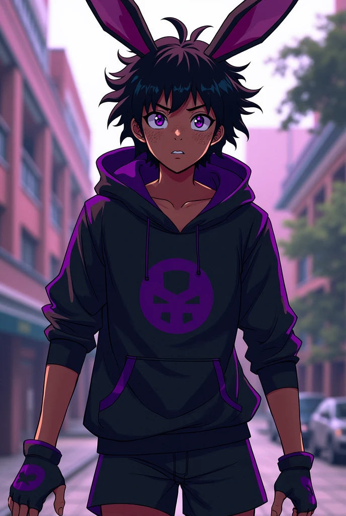 My Hero Academia, Dark Skin, Male, Freckles, , Teenager, High schooler, Dreads, red, Black Outfit, Hero, male character, Black Shorts, sneakers, black Hoodie and black and purple shirt. Purple eyes. Rabbit ears similar to Mirko