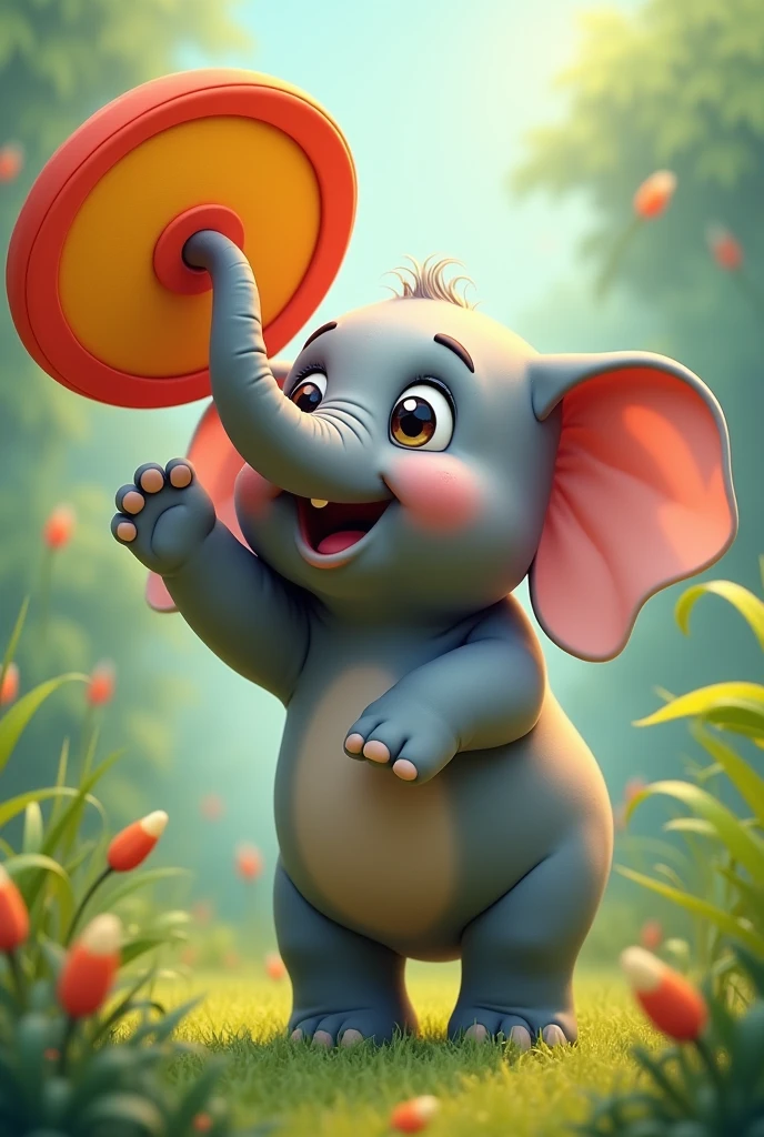 an cute elephant posing with frisbee disc