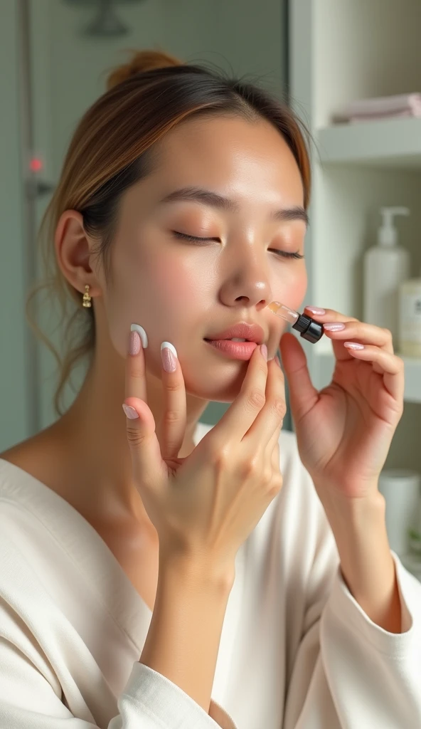 Woman applying vitamin drops to her face, facial care