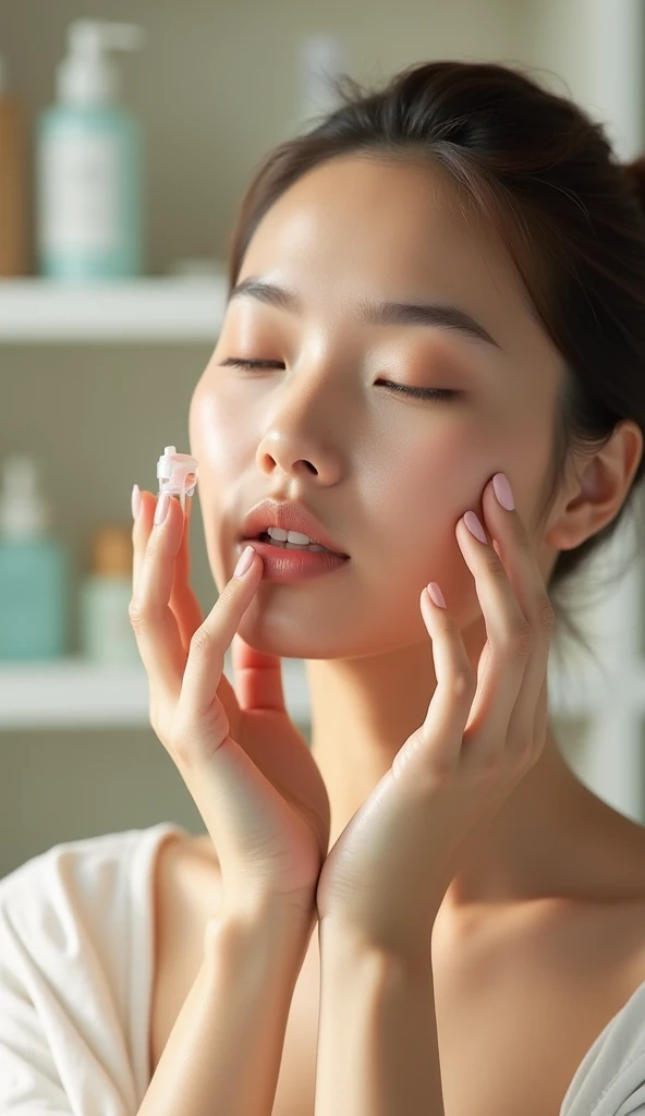 Woman applying vitamin drops to her face, facial care