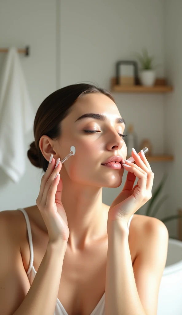 Woman applying vitamin drops to her face, facial care