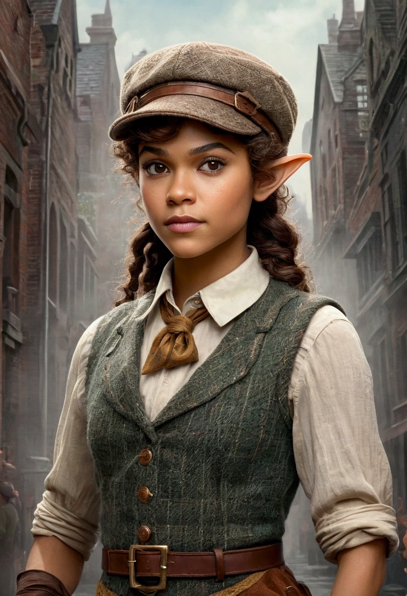 An illustrated movie poster, hand-drawn, full color, an elven maiden, wearing a tweed vest and a newsie cap, tall, toned, amazonian stature, athletic hourglass figure, long pointy elf ears, amber eyes, dark hair, curly bob cut, warm almond skintone, freckles, resembles Zendaya, standing on a foggy Victorian-era street corner, graphite shading, stencil marks, airbrushed acrylic paint, masterpiece, elf ears