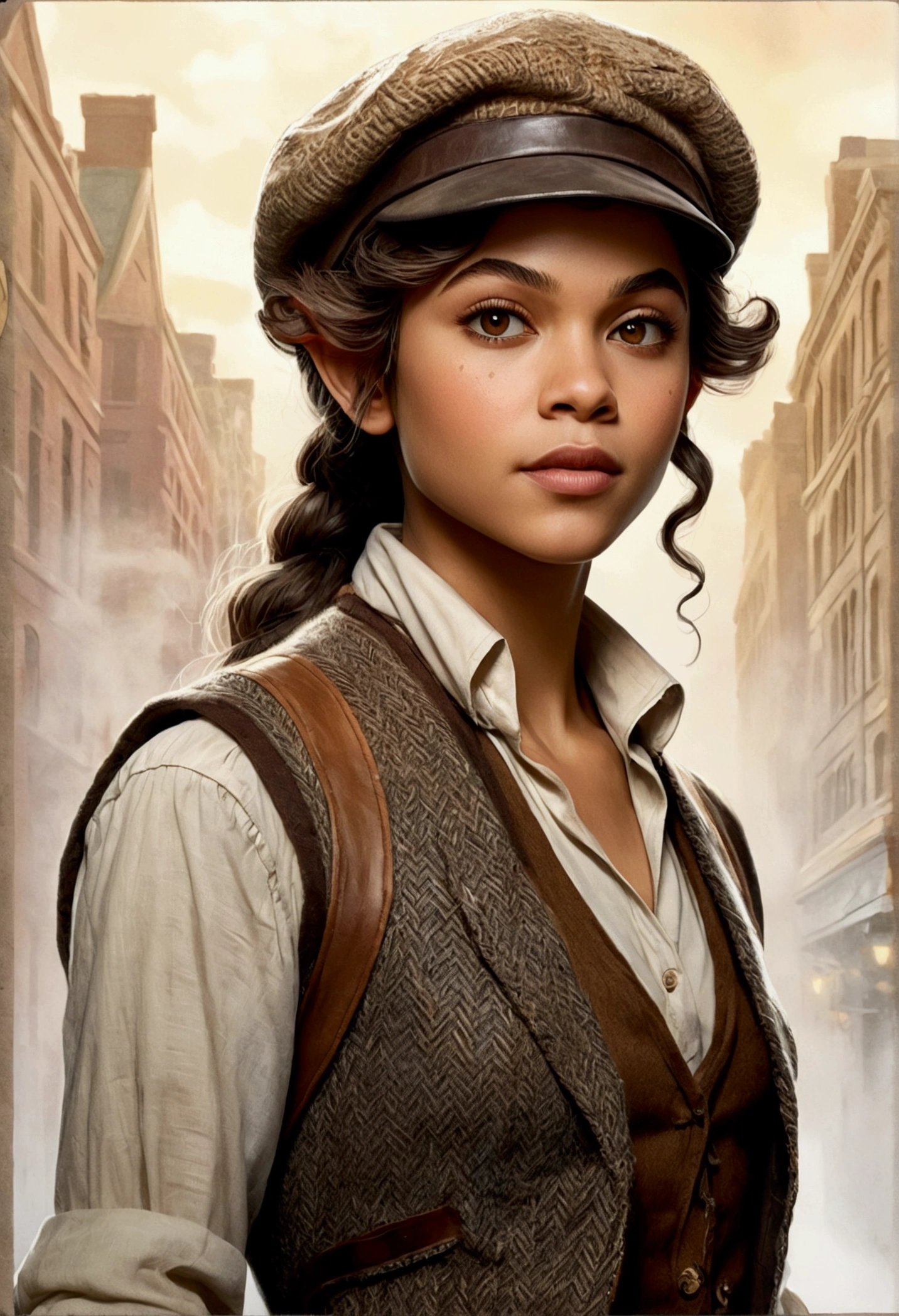 An illustrated movie poster, hand-drawn, full color, an elven maiden, wearing a tweed vest and a newsie cap, tall, toned, amazonian stature, athletic hourglass figure, long pointy elf ears, amber eyes, dark hair, curly bob cut, warm almond skintone, freckles, resembles Zendaya, standing on a foggy Victorian-era street corner, graphite shading, stencil marks, airbrushed acrylic paint, masterpiece, elf ears