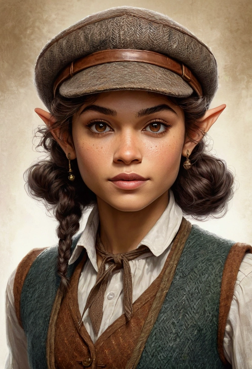 An illustrated movie poster, hand-drawn, full color, an elven maiden, wearing a tweed vest and a newsie cap, tall, toned, amazonian stature, athletic hourglass figure, long pointy elf ears, amber eyes, dark hair, curly bob cut, warm almond skintone, freckles, resembles Zendaya, standing on a foggy Victorian-era street corner, graphite shading, stencil marks, airbrushed acrylic paint, masterpiece, elf ears