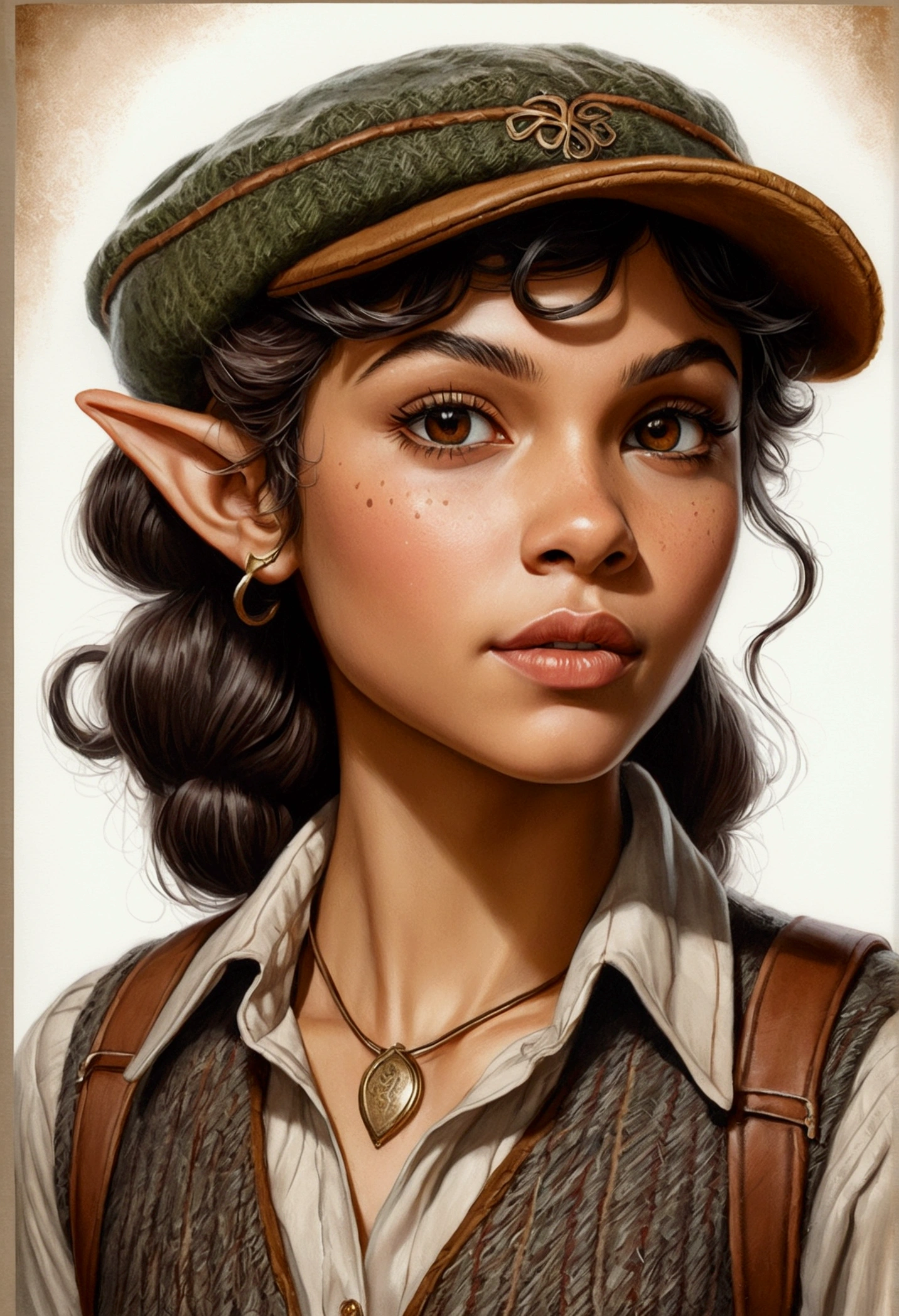 An illustrated movie poster, hand-drawn, full color, an elven maiden, wearing a tweed vest and a newsie cap, tall, toned, amazonian stature, athletic hourglass figure, long pointy elf ears, amber eyes, dark hair, curly bob cut, warm almond skintone, freckles, resembles Zendaya, standing on a foggy Victorian-era street corner, graphite shading, stencil marks, airbrushed acrylic paint, masterpiece, elf ears