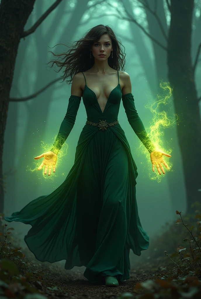 Kae, the European Elf Queen from Dungeons and Dragons, best quality, ultra-detailed CG unity 8k wallpaper, walking, high resolution, dynamic pose, beautiful face, (Hazel eyes:1.2, dark brown hair:1.3, side parted bangs, shoulder length hair:1.4, curly hair, flowing jade and black dress, tiny boobs), depth of field, dark medieval forest, dark light, night time), (high fantasy), casting green and yellow magic from her hands