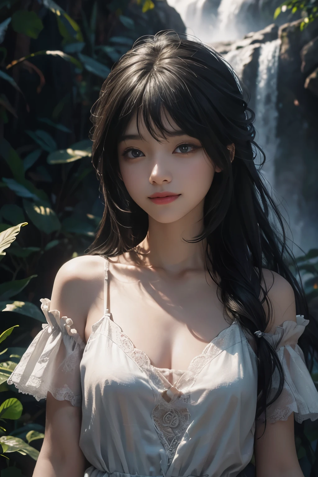 (ultra realistic) , (illustration), (increase resolution), (8K), (extremely detailed), (best illustration), (beautiful detailed eyes), (best quality), (ultra-detailed), (masterpiece), (wallpaper), (detailed face), 1 girl, black straight hair, slender body, delicate details, in the dark, deep shadow, low key, pureerosfaceace_v1, happy smile, summer dress, waterfall, rainforest