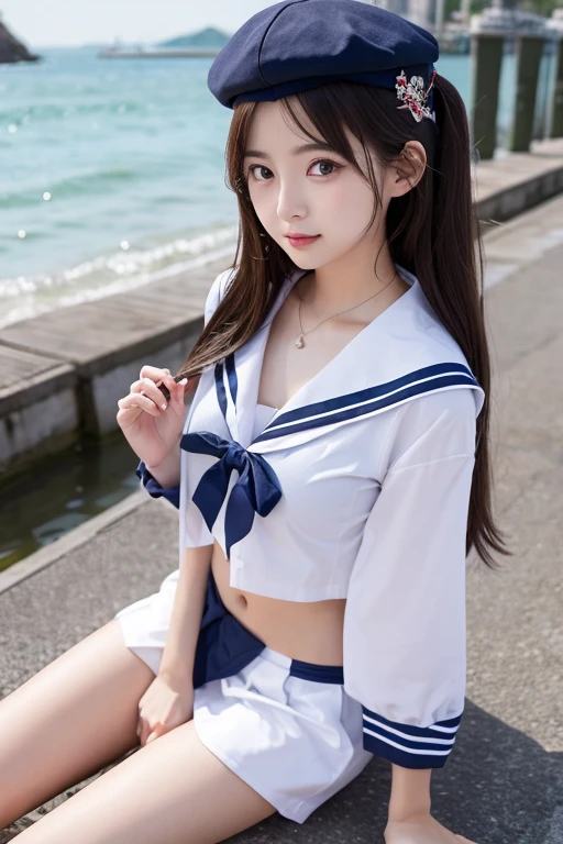 超High resolution,Superretina, super masterpiece, Super accurate, Ultraanatomically correct, Clean skin, Super Detail, Attention to detail, high quality, Awards, 最high quality, High resolution, 1080p, High resolution, 4K, 8k, 16k、blue sea、Wide sky、deep sandy beach、Cute Girls、(((Very thin and small sexy sailor uniform:1.1)))、Sunburn mark、Lay a sheet on the beach、Rest in seat、