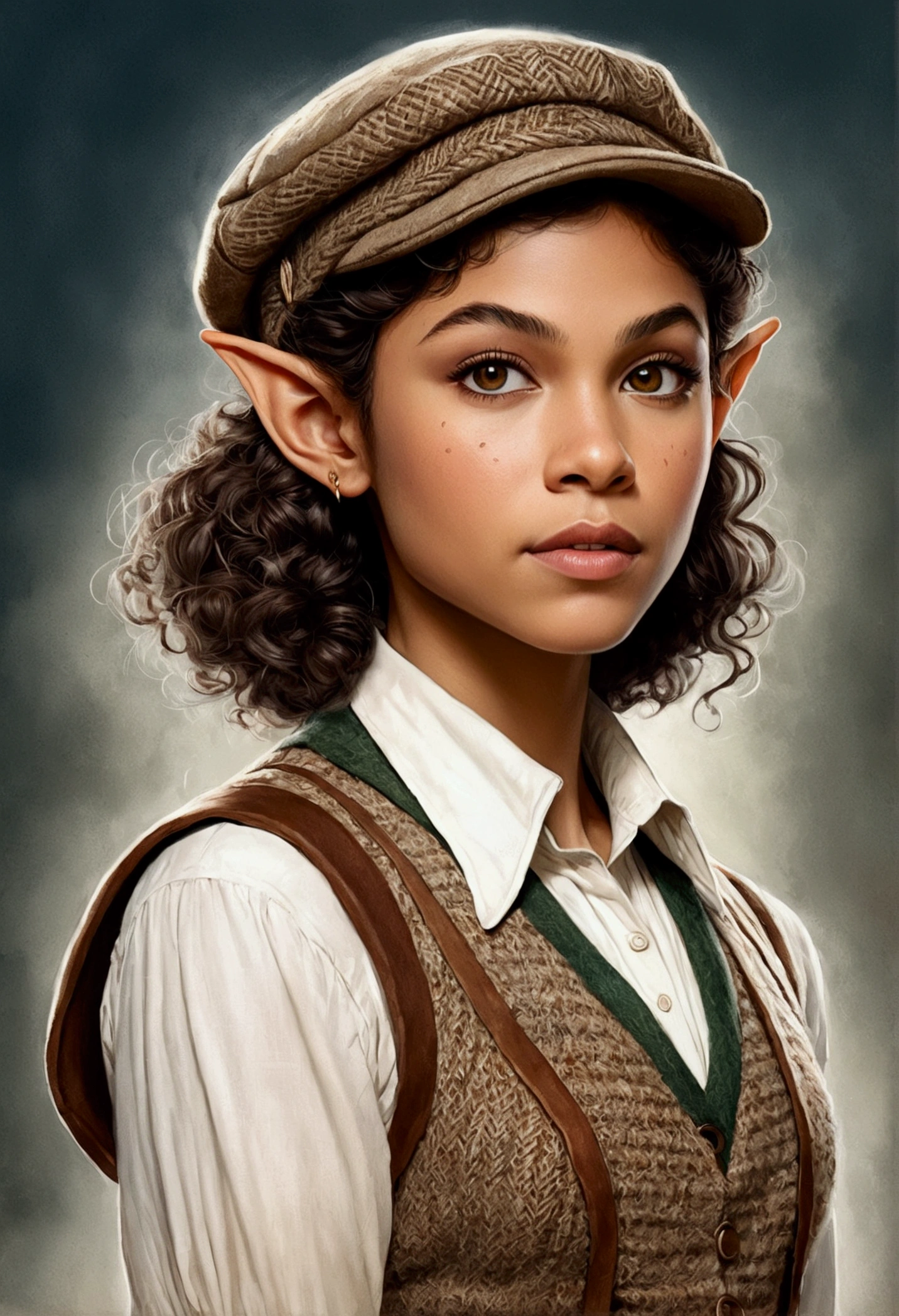 An illustrated movie poster, hand-drawn, full color, an elven maiden, wearing a tweed vest and a newsie cap, tall, toned, amazonian stature, athletic hourglass figure, long pointy elf ears, amber eyes, dark hair, curly bob cut, warm almond skintone, freckles, resembles Zendaya, standing on a foggy Victorian-era street corner, graphite shading, stencil marks, airbrushed acrylic paint, masterpiece, elf ears