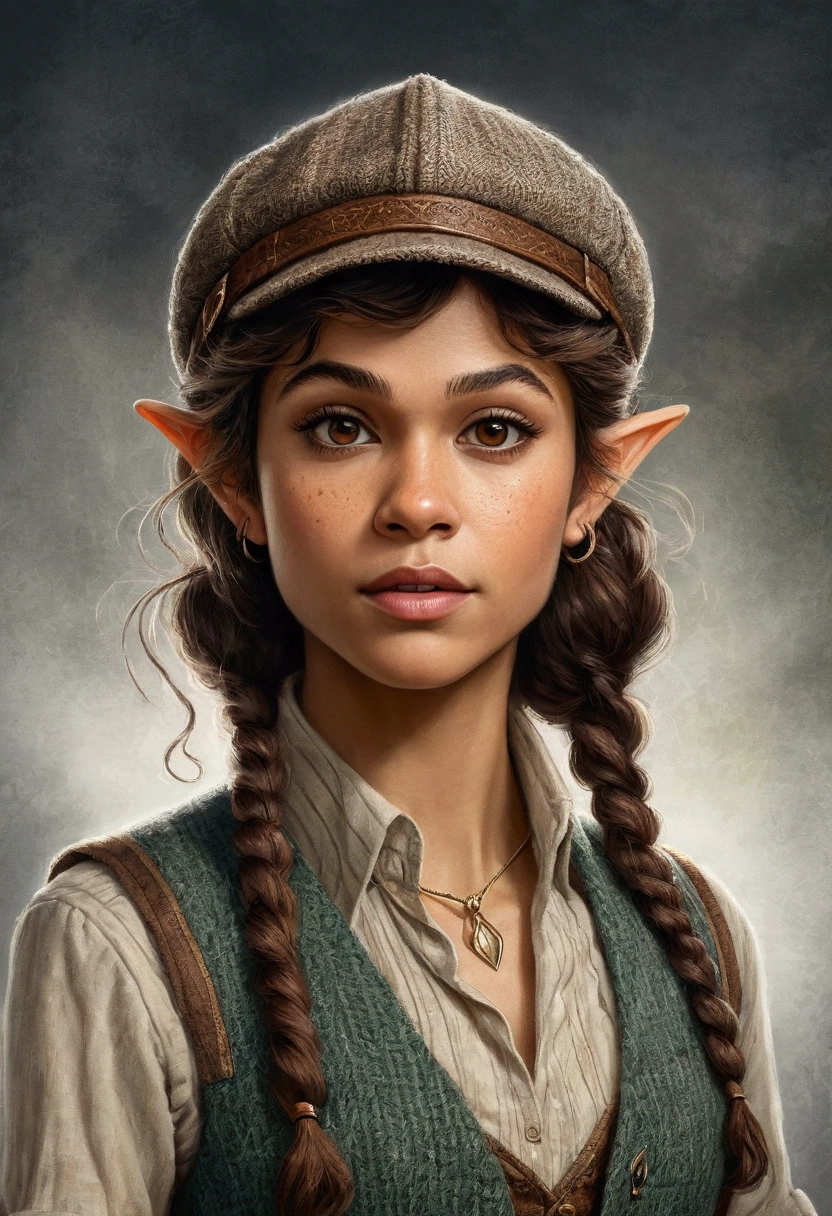 An illustrated movie poster, hand-drawn, full color, an elven maiden, wearing a tweed vest and a newsie cap, tall, toned, amazonian stature, athletic hourglass figure, long pointy elf ears, amber eyes, dark hair, curly bob cut, warm almond skintone, freckles, resembles Zendaya, standing on a foggy Victorian-era street corner, graphite shading, stencil marks, airbrushed acrylic paint, masterpiece, elf ears