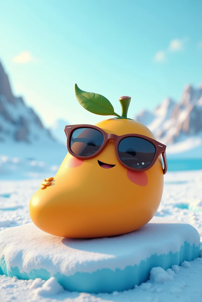 Create a Mango character with sunglasses, lay down on frozen ice, happy and smile, top angle, cool pose