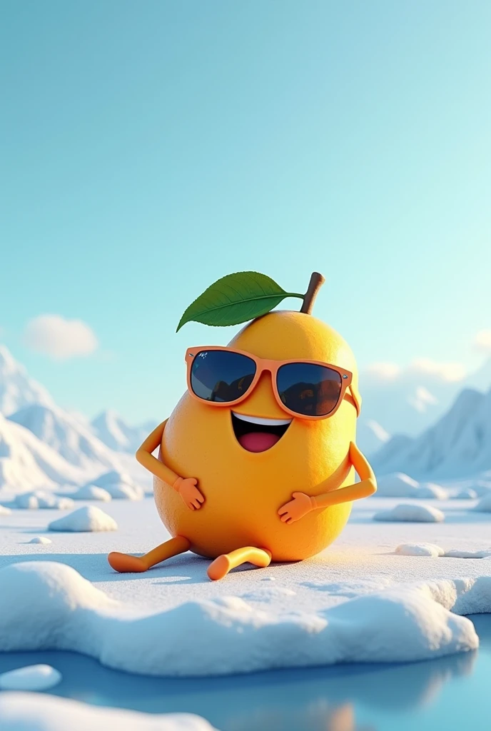 Create a Mango character with sunglasses, lay down on frozen ice, happy and smile, top angle, cool pose