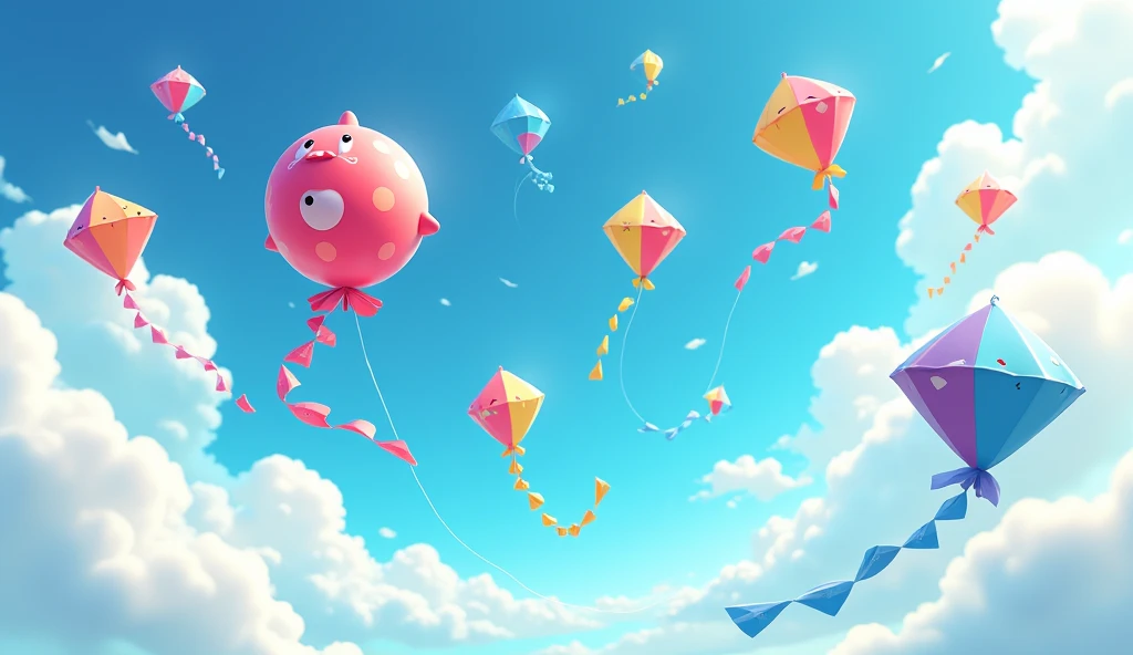 3d cartoon anime ; as the bigger kites soared high in the sky, twisting and turning gracefully in the wind.