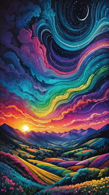 a painting of a colorful landscape with a tree and mountains, colorful landscape painting, psychedelic landscape, vibrant oil painting, vivid abstract landscape, color field painting. 8k, extraordinary colorful landscape, detailed impasto, colorful oil painting, psychedelic sky, mountains and colorful sunset!!, painted landscape, colorful sky, mythical floral hills, sunset psychedelic, colorful sunset, large colorful images