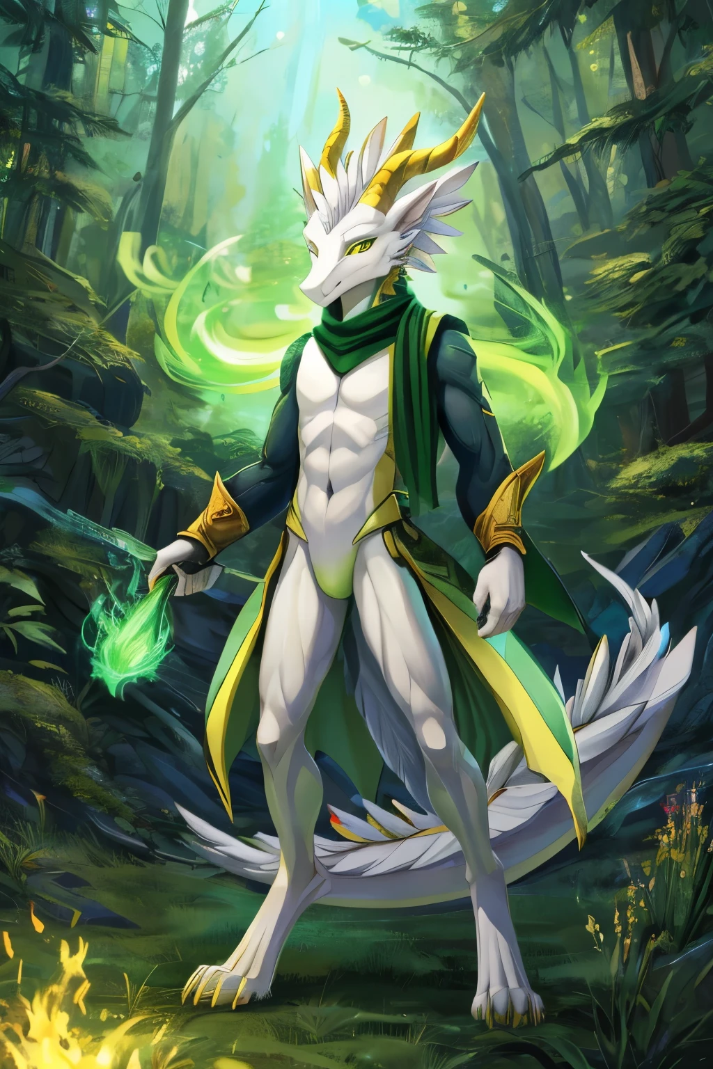 (anime), (front facing), (looking at the camera), slim furry white dragon using green fire magic, secondary body colors, (dark green, green and yellow undertones), smooth skin, very long muzzle, neck and tail fur, digitigrade, creative horns, feathers, (wearing only a scarf), nature background, full body