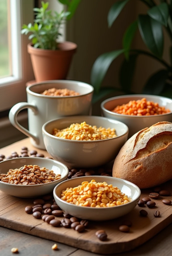 cereals, coffee beans and bread
