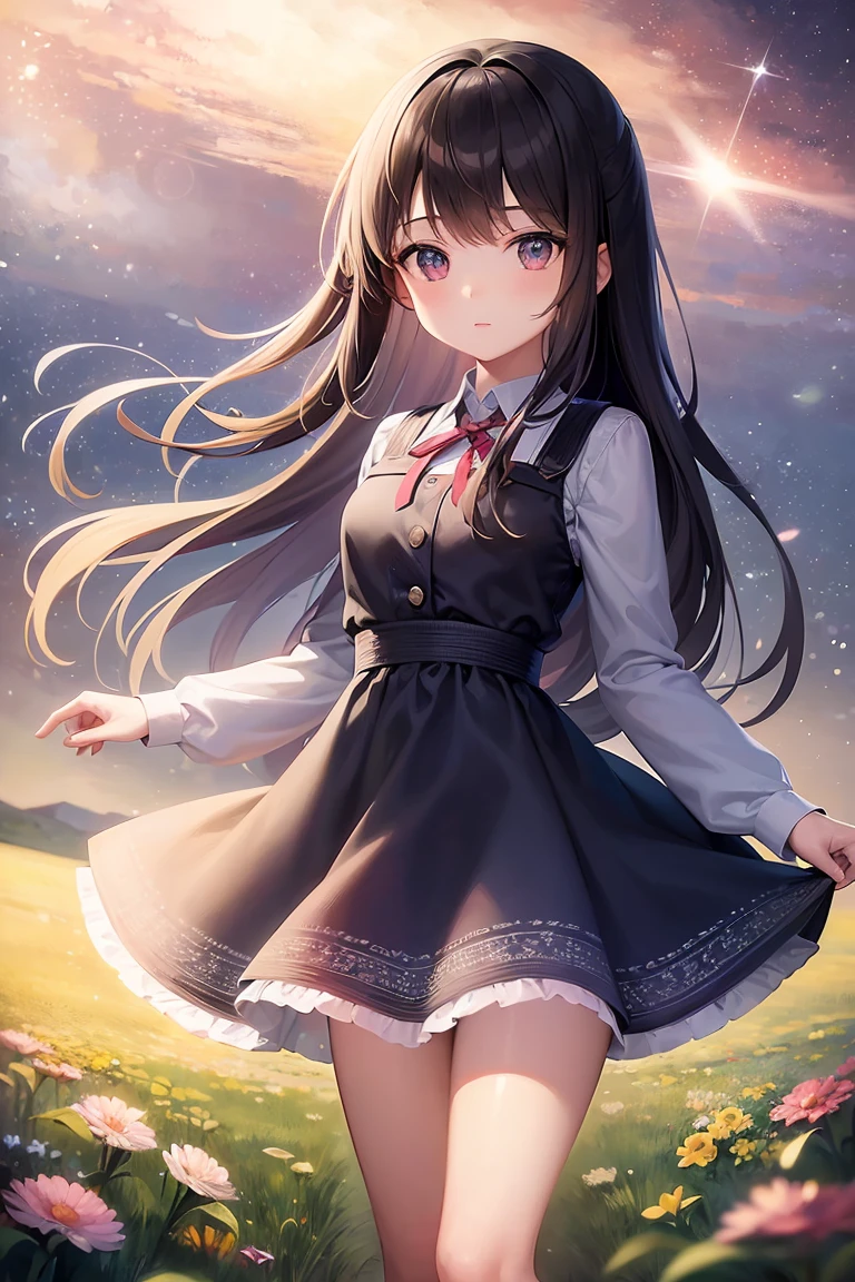 A girl on a meadow,Stars twinkling in the sky,Shining Star,milky way,I look up and see,masterpiece,Highest quality,最高masterpiece,Detailed anime art,Digital Art,