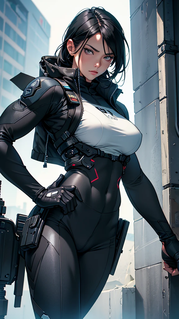 Beautiful cybernetic girl realistic masterpieces (best quality,ultra-detailed), black hair, fair skin, fit body, slim figure, narrow waist, (cocky expression), black SWAT uniform, heavy kevlar vest