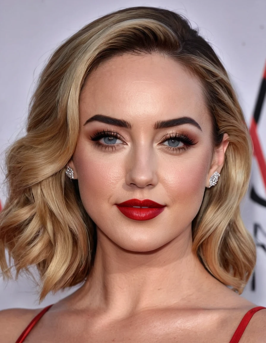 A waist-up portrait of a beautiful female whose facial features are a combination of Brianne Howey + Lindsey McKeon. The female has lovely makeup on her face. The female wears red lipstick. Symmetrical eyes. Symmetrical face. Lovely details. Photorealistic. Full-colored photo. Professional photo. Highly detailed 8K.