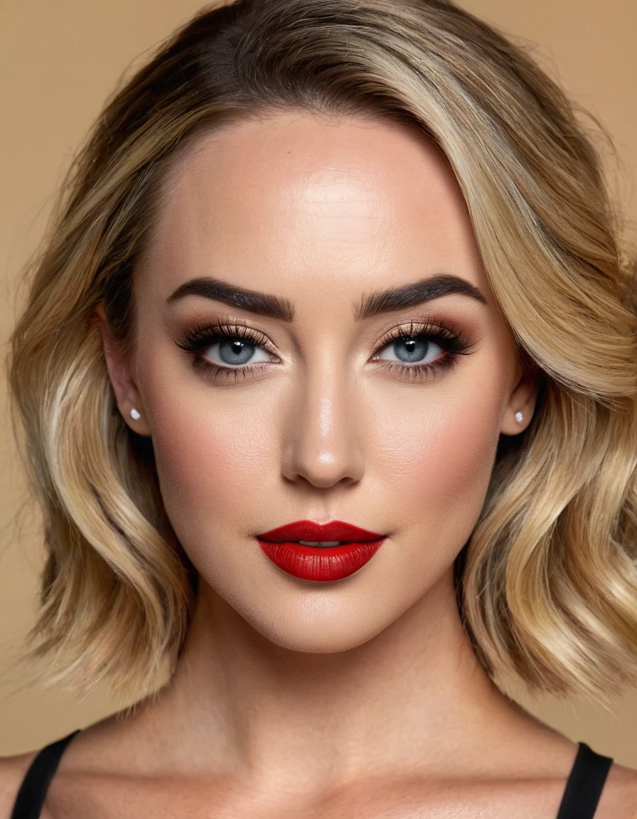 A waist-up portrait of a beautiful female whose facial features are a combination of Brianne Howey + Lindsey McKeon. The female has lovely makeup on her face. The female wears red lipstick. Symmetrical eyes. Symmetrical face. Lovely details. Photorealistic. Full-colored photo. Professional photo. Highly detailed 8K.