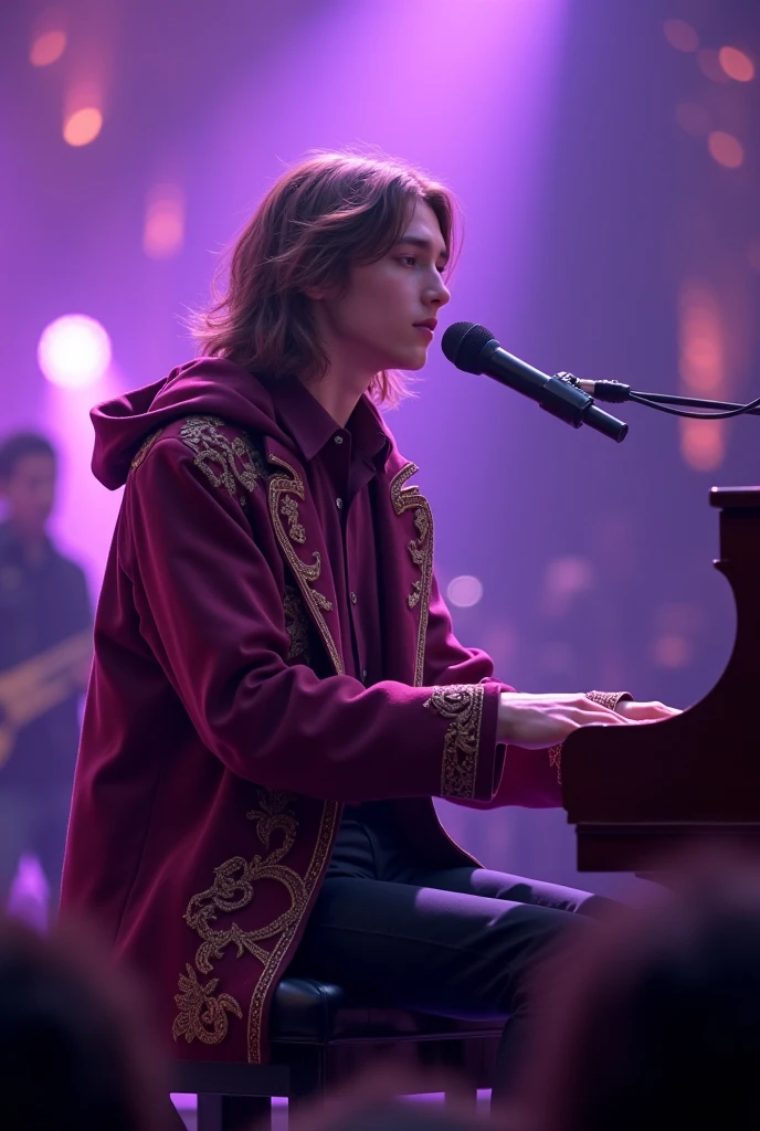 artwork best quality realistic image handsome american male ager long brown hair light skin with burgundy button down shirt and black pants with burgundy colored coat cape and hood with intricate gold details glowing playing piano and singing with a microphone in front of him with purple lights around him illuminating him intricate details singing seen from afar at a concert with details uhq 8k realism