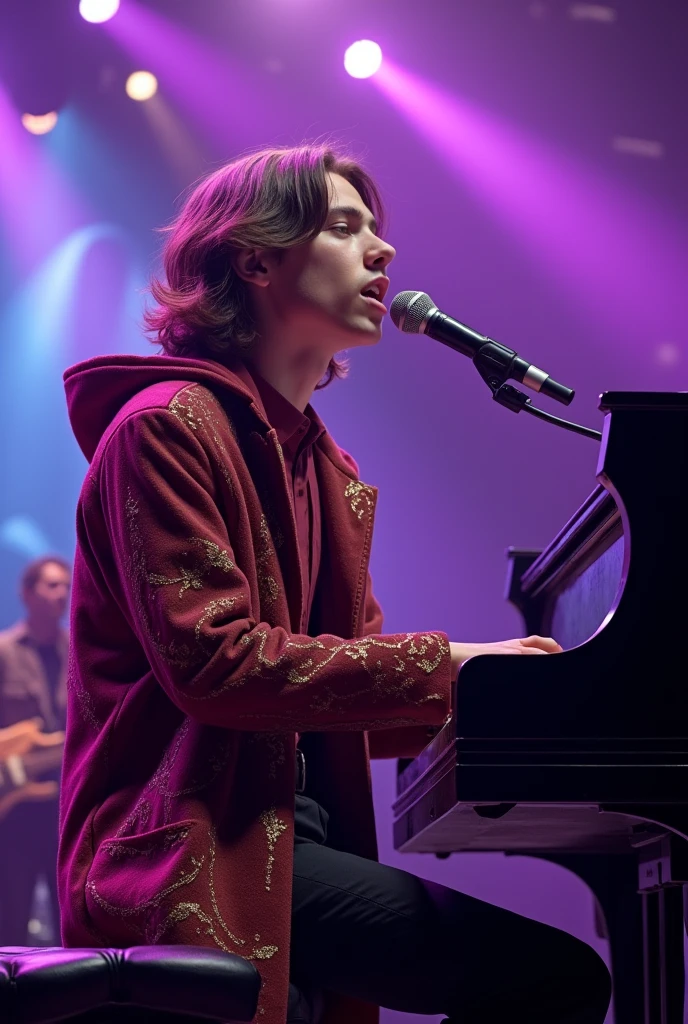 artwork best quality realistic image handsome american male ager long brown hair light skin with burgundy button down shirt and black pants with burgundy colored coat cape and hood with intricate gold details glowing playing piano and singing with a microphone in front of him with purple lights around him illuminating him intricate details singing seen from afar at a concert with details uhq 8k realism