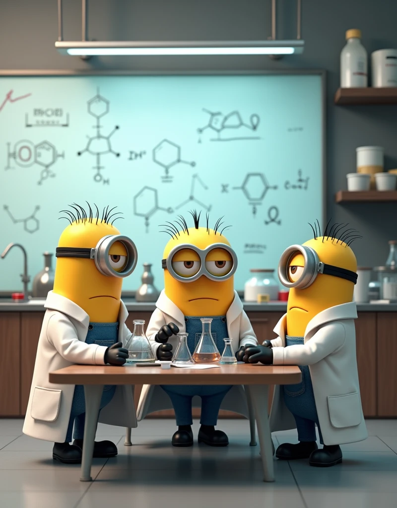 The laboratory is in a neat state., orderly. Minion Kevin, Bob and Stuart in scientist suits are gathered at a lab table., with a whiteboard behind filled with complex chemical formulas and detailed notes.