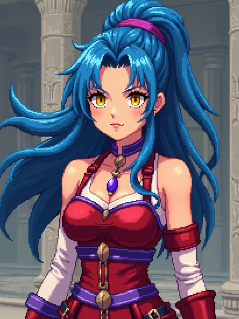 Final fantasy style,full body, pixelated, character, cartoon, RPG character, legendary hero, 2D game isometric art, female character, (((yellow eyes))), (((red clothes))), (((blue hair))), hair loose in the front and tied back, purple choker on the neck, , red armor, purple details on the armor, white shirt underneath the armor, purple pendant in the hair ((clip)), detailed, high quality, emotional effects