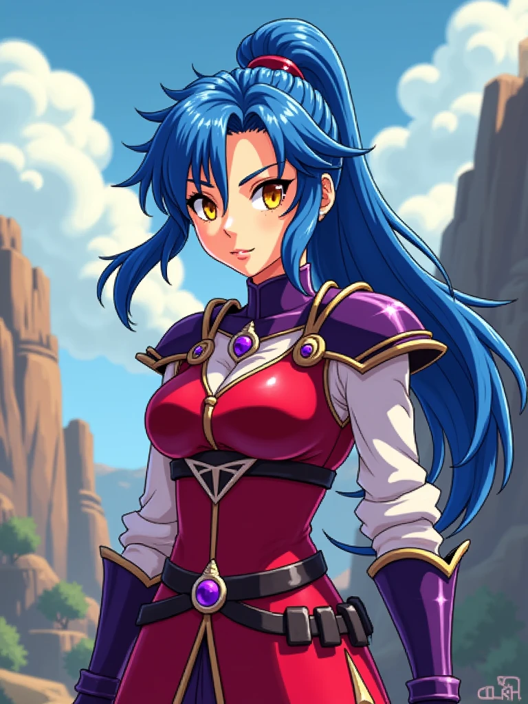 Final fantasy style,full body, pixelated, character, cartoon, RPG character, legendary hero, 2D game isometric art, female character, (((yellow eyes))), (((red clothes))), (((blue hair))), hair loose in the front and tied back, purple choker on the neck, , red armor, purple details on the armor, white shirt underneath the armor, purple pendant in the hair ((clip)), detailed, high quality, emotional effects