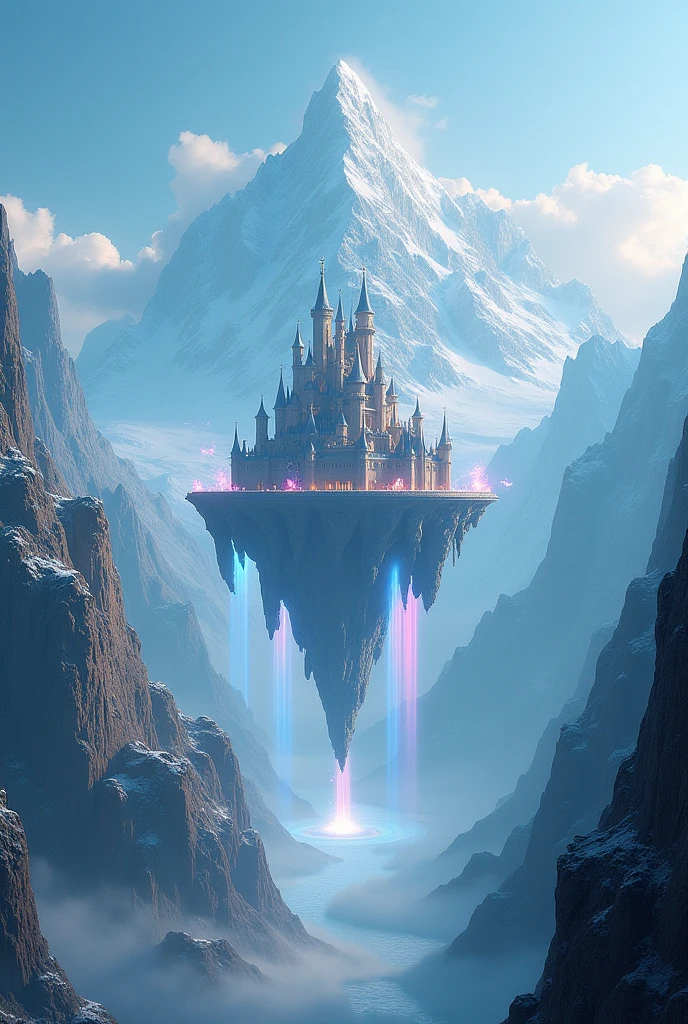 (masterpiece,top quality,high quality)), ((8K wallpaper unified with high definition CG)), beautiful landscape of multiple mountains with a castles floating in the sky looking heavenly and divine surrounded by swirling magic,