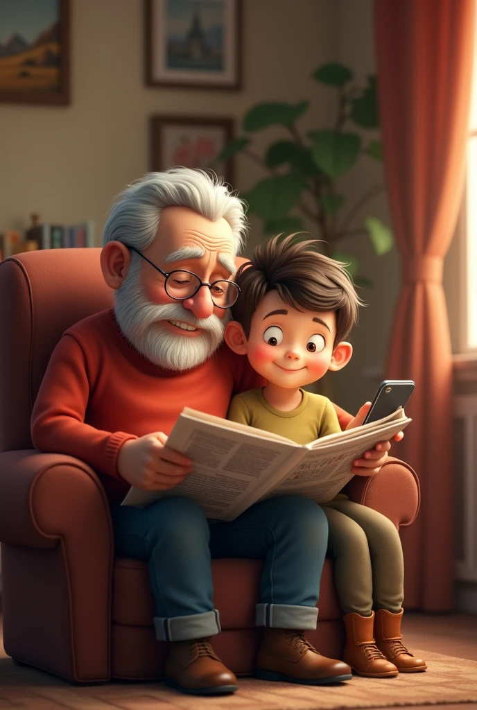 Grandfather and grandson sitting indoors, grandfather watching newspaper and grandson watching phone