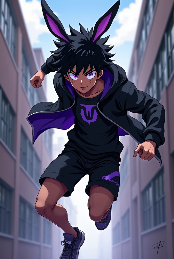 My Hero Academia, Dark Skin, Male, Freckles, , ager, High schooler, Dreads, red, Black Outfit, Hero, male character, Black Shorts, black thermals under shorts, sneakers, black Hoodie and black and purple shirt. Purple eyes. Rabbit ears similar to Mirko