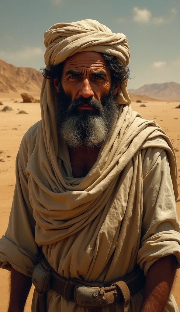Khabbab bin Al-Arat in oil painting style, he worked as a slave in the early era of Islam. An Arab man in the early Islamic era, wearing simple and shabby clothes, was working hard as a slave. He looks tired but strong, with rough hands full of wounds from hard work. In the background, there is a scene of an arid desert with a hot and scorching sky, highlighting the suffering he experienced. The sharp sunlight provides dramatic contrasts in color and shadow., creating a heavy and emotional atmosphere. The expression on her face reflects strength and resilience in the midst of adversity.. This painting will be produced in a 9 aspect ratio.:16 to give a dramatic effect and focus on the figure of Khabbab bin Al-Arat.