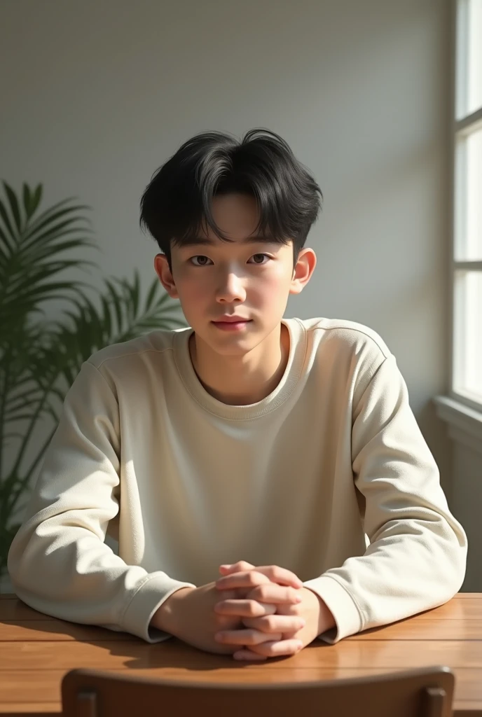 A gentle young man sitting on a chair and table looking straight hd realistic image 