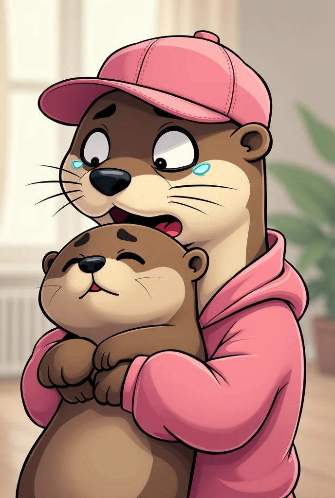 Cartoon of an otter, with pink cap, pink sweatshirt, with a scared face, crying, with side position and hugging a stuffed otter 