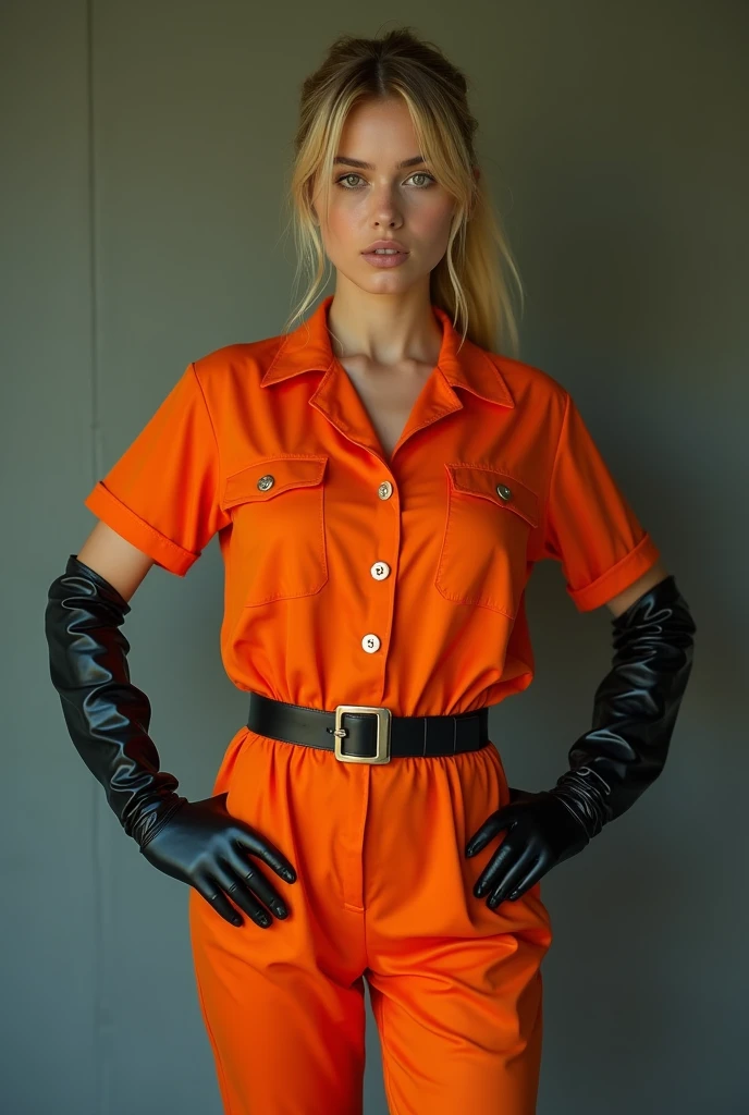 Frontal photograph of a beautiful young model with long a blonde medium length pulled back ponytail hair wearing a sexy synthetic orange prisoner jumpsuit, inmate jumpsuit, button-up, sexy view, hands holding her hips sideway, hands at her sides, wearing a tight black stylish belt, high black boots, wearing tight high black latex gloves until her elbow, sleeves, sexy pose, very attractive look, skinny, anorexia, thin and athletic body, (thin girl 1:5), short sleeves, supermodel face and body, brown eyes, long pants, hands at her front, elastane synthetic orange prisoner jumpsuit, jumpsuit made of elastic spandex, jumpsuit has 4 visible silver buttons, her belt is made of stylish leather, elastic jumpsuit, jumpsuit is not tight on body, slim, (perfect Hands), (blonde medium straight ponytail hair:1.2), (wasp waist:1.3), big heavy black stylish designer belt of leather, light blonde hair, a lot of cringles and creases on the jumpsuit, light blonde hair, sporty ponytail, short sleeves, sexy model pose, she is highlighting her but in her pose, looking at viewer like she wants sex, 70's prisoner jumpsuit, 80's orange prison jumpsuit, 90's prisoner jumpsuit, Soviet orange prison jumpsuit, knees visible, sexy pants, pants looking sexy on her legs, tight high black latex gloves, sporty style ponytail, picture starting from her knees, jumpsuit made of elastic spandex, very sexy pose, pointing out her ass, belted, long pants, button-up jumpsuit, medium length light blonde loose sleek sporty ponytail, make-upless face, short sleeves, hands at her hips, prisoner transport belt, holding her hips in a sexy pose, gloves made of latex leather, her jumpsuit is perfectly fitting her body's contours